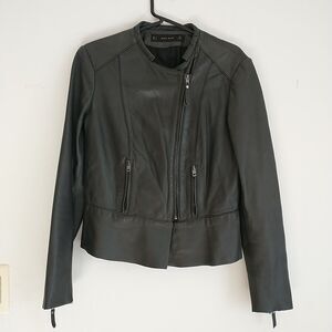 Zara Basic Jacket Women L/S* Black 100% Sheep Leather Full Zip Cuff Biker Moto